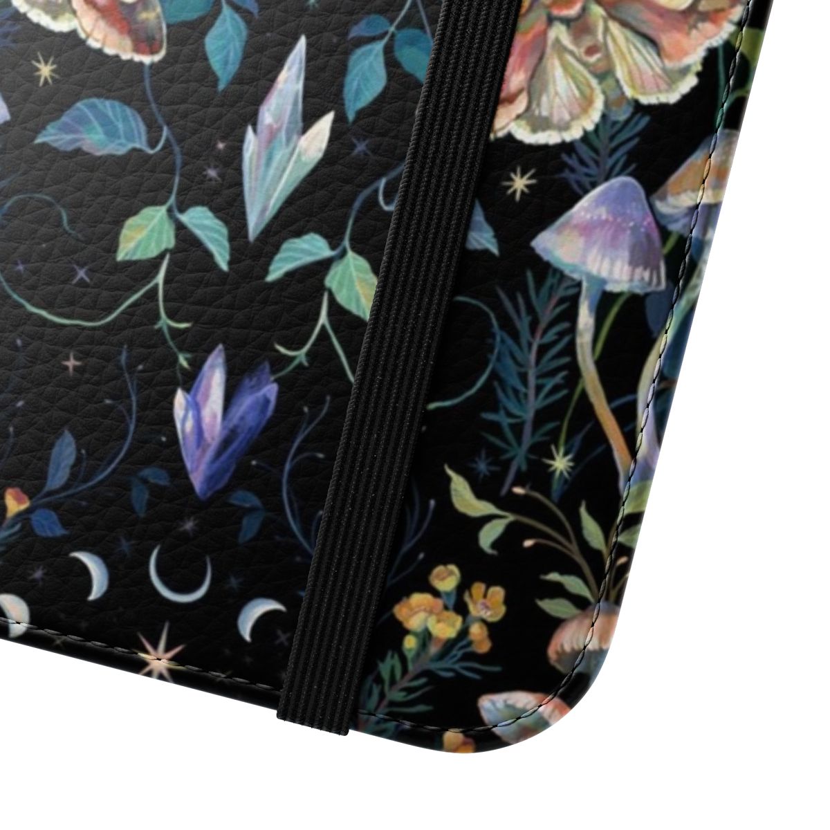 Flip phone case featuring a crystal moth and mushroom design in a botanical, mystical style - Close Up