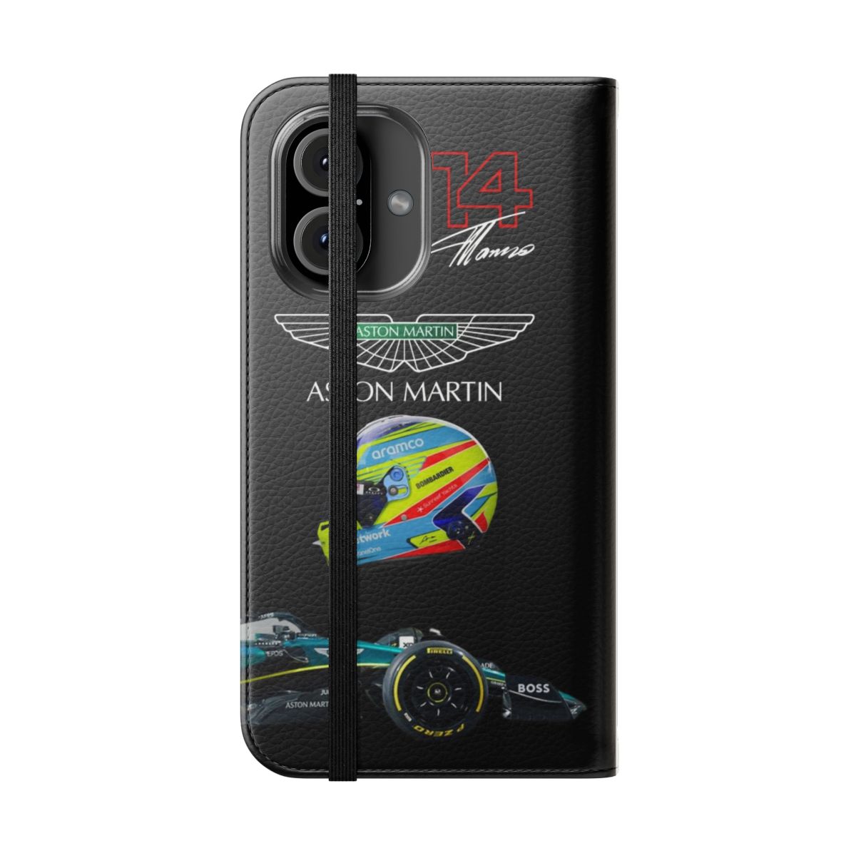 Flip phone case featuring Fernando Alonso inspired Aston Martin Formula 1 team design - Folded Front