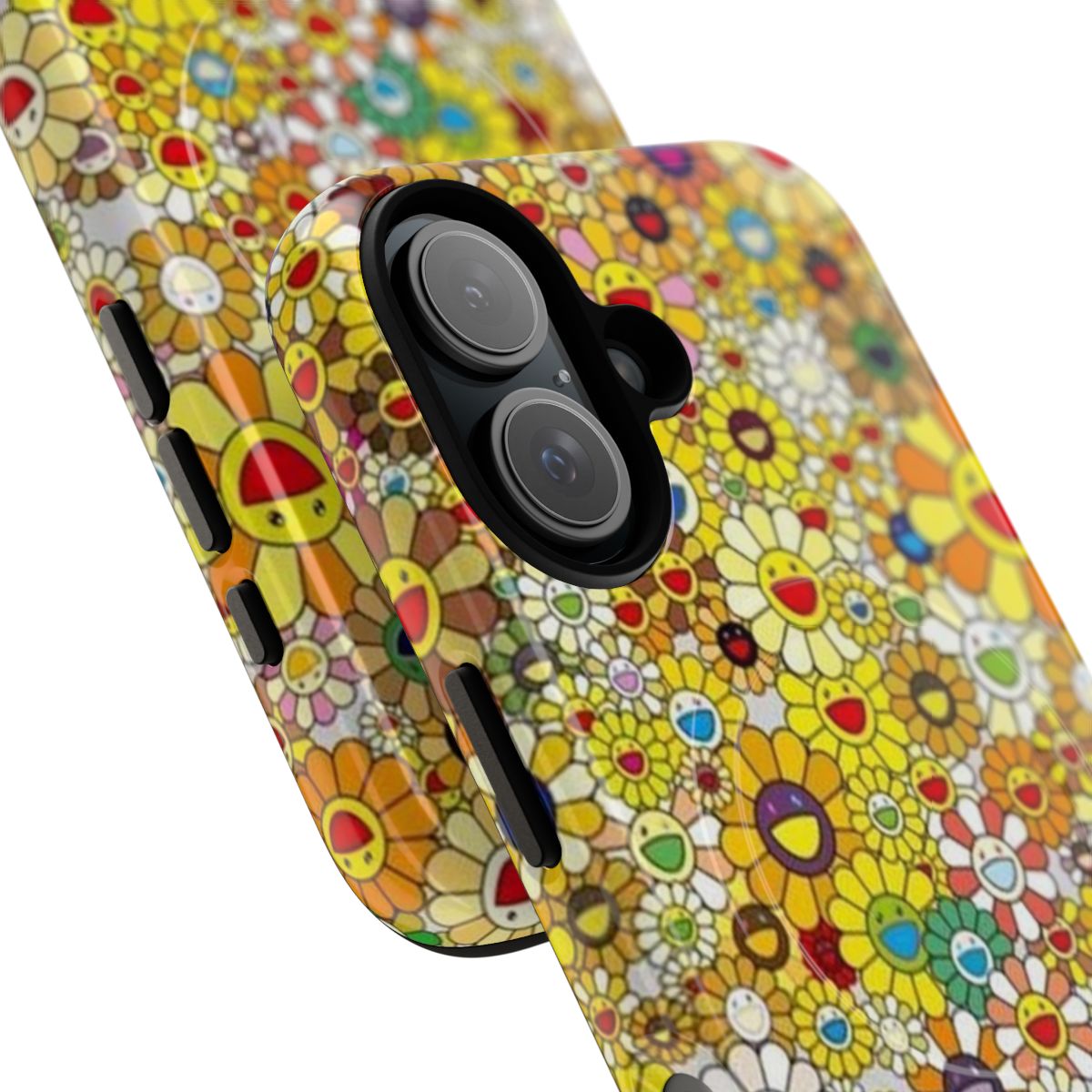 Vibrant colorful phone case with abstract art design inspired by Takashi Murakami's iconic style. - Detail