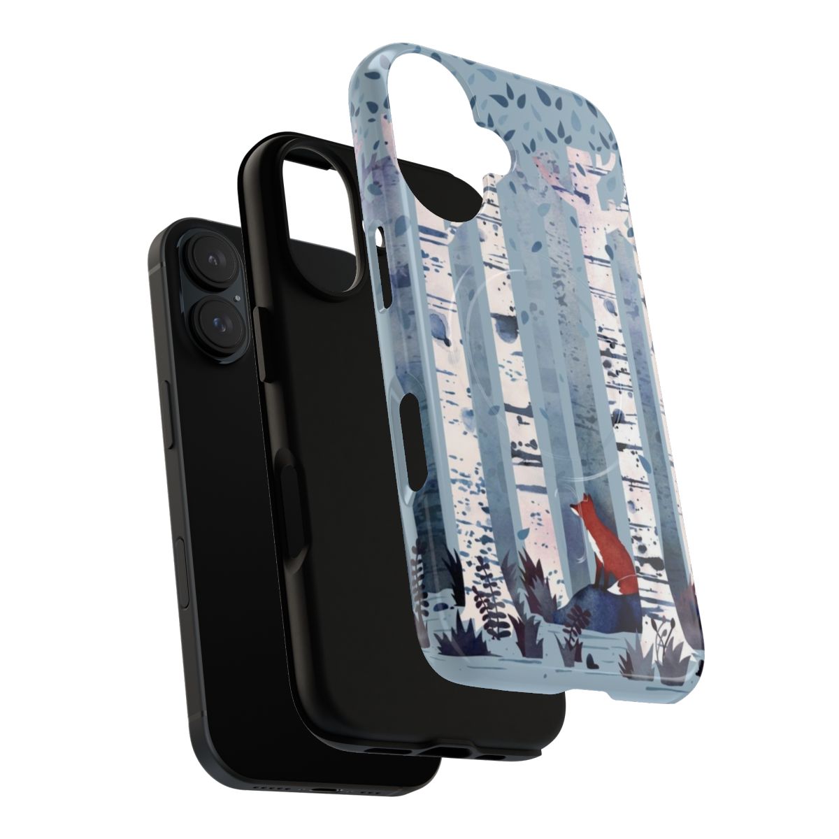 Magnetic phone case with a blue watercolor nature design featuring birch trees, ferns, and a tranquil forest. - Layers