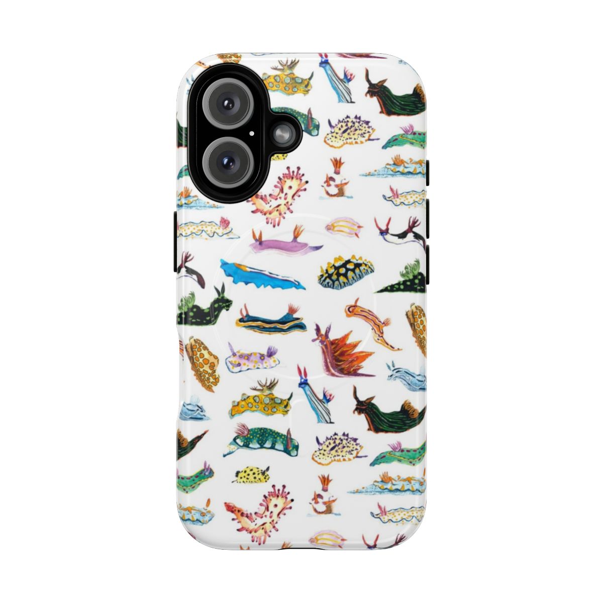 A white phone case featuring a vibrant nudibranch design, perfect for ocean enthusiasts.