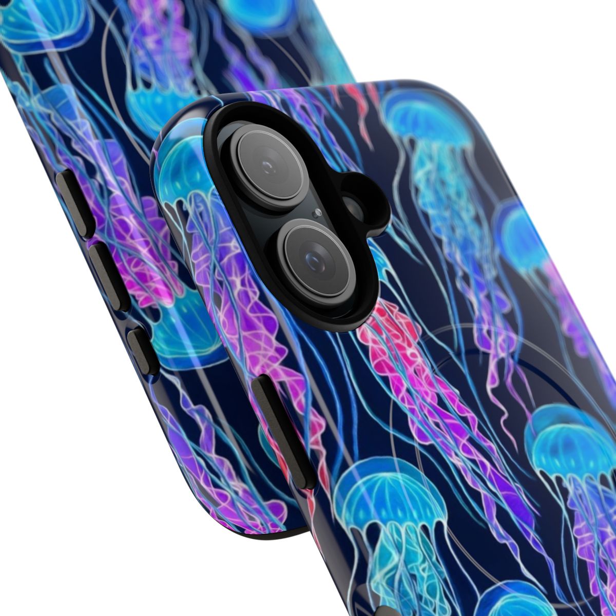 Colorful and glowing luminescent jellyfish pattern on a navy blue tough phone case - Detail