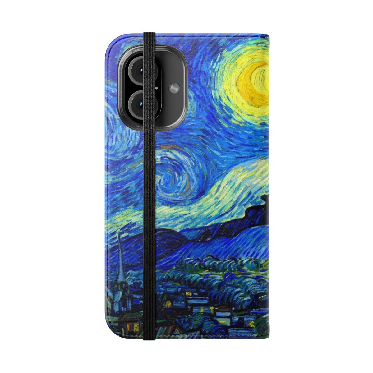 A vibrant blue and yellow flip phone case featuring the iconic "Starry Night" painting by the post-impressionist artist Vincent van Gogh. - Folded Front