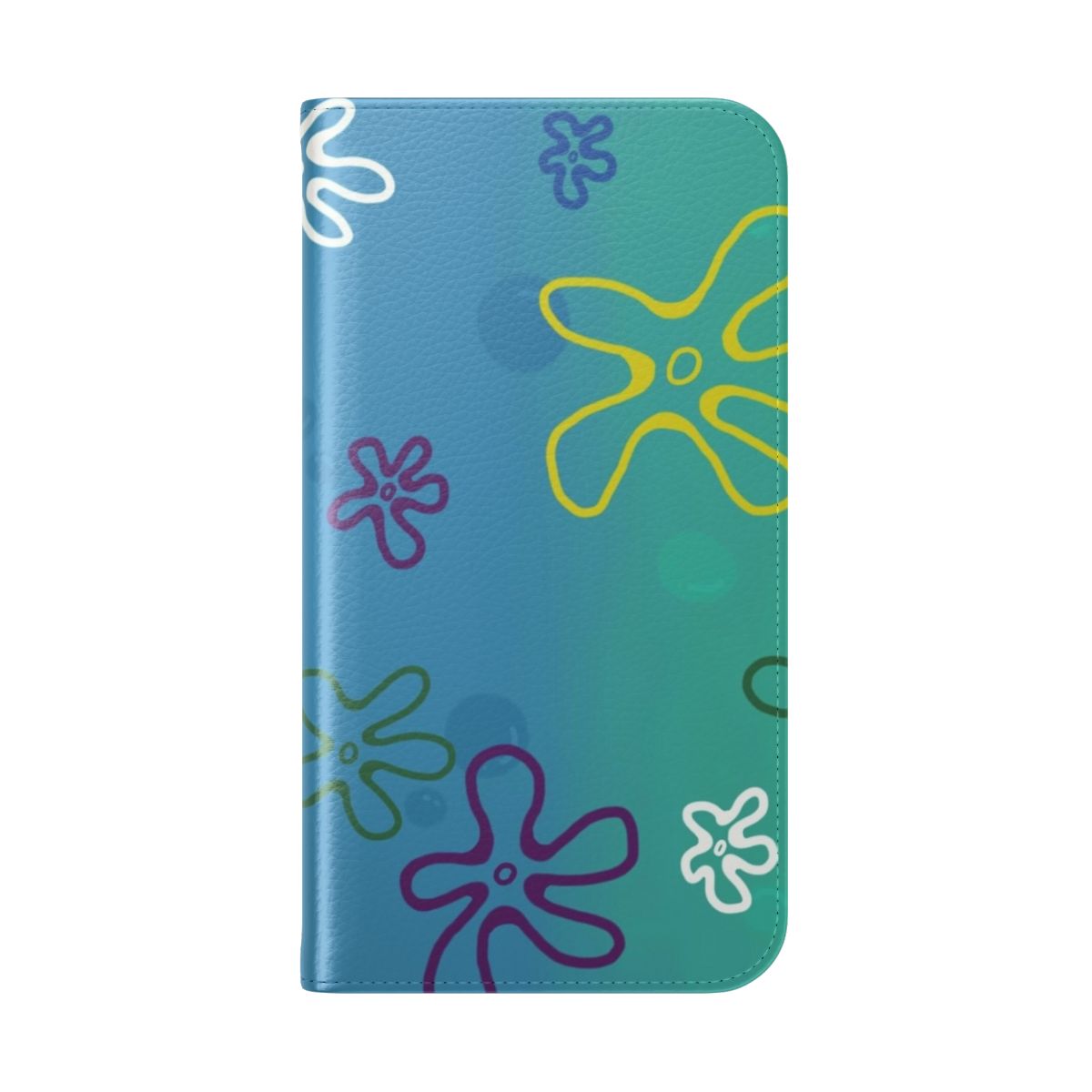 Vibrant blue and purple floral phone case with a spongebob inspired design - Folded Back