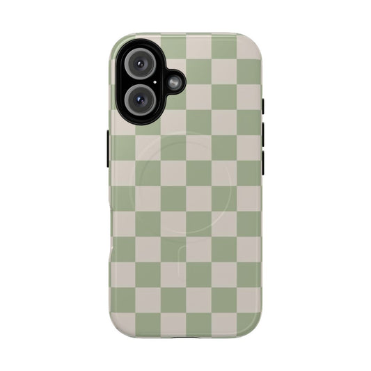 Checkerboard pattern phone case in sage green and beige