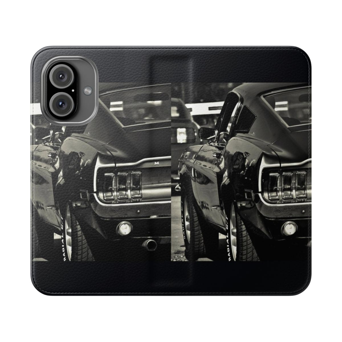 Muscle car-themed flip phone case with Ford Mustang design