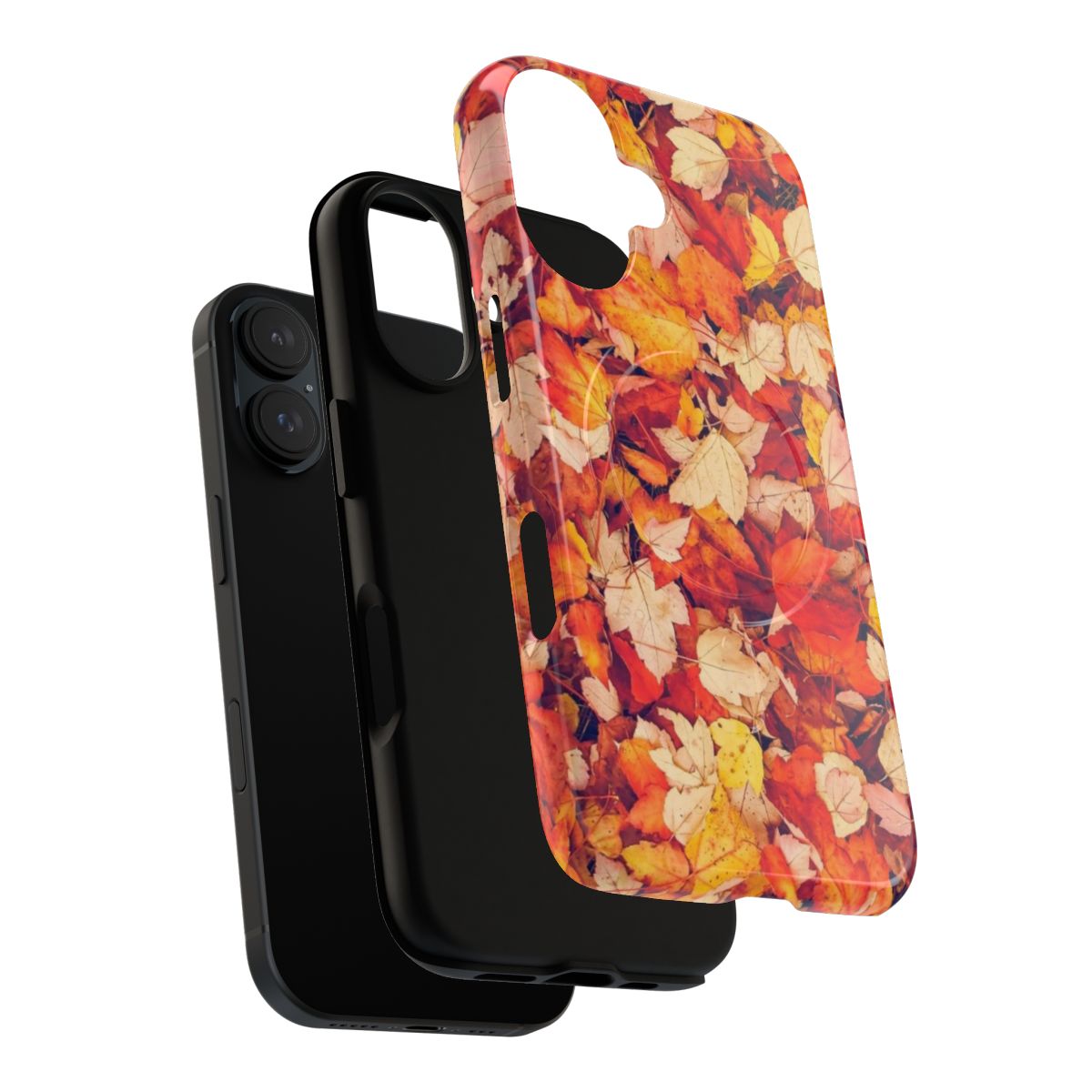 Closeup of scarlet and orange fall leaves on a phone case - Layers