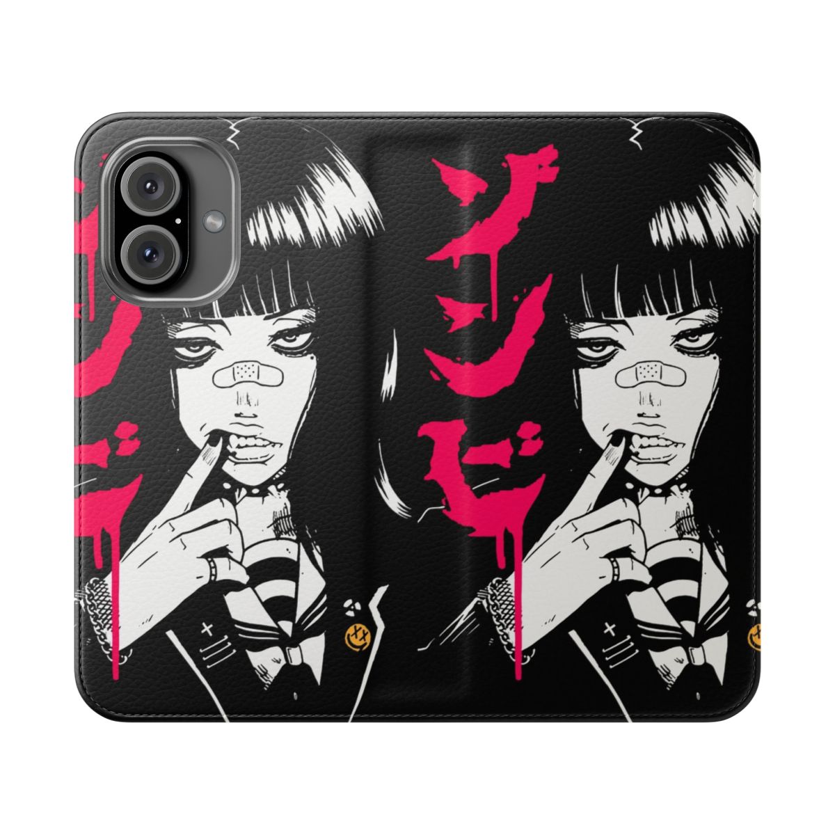 Vaporwave-inspired phone case with Japanese kanji, oni mask, and samurai warrior graphics