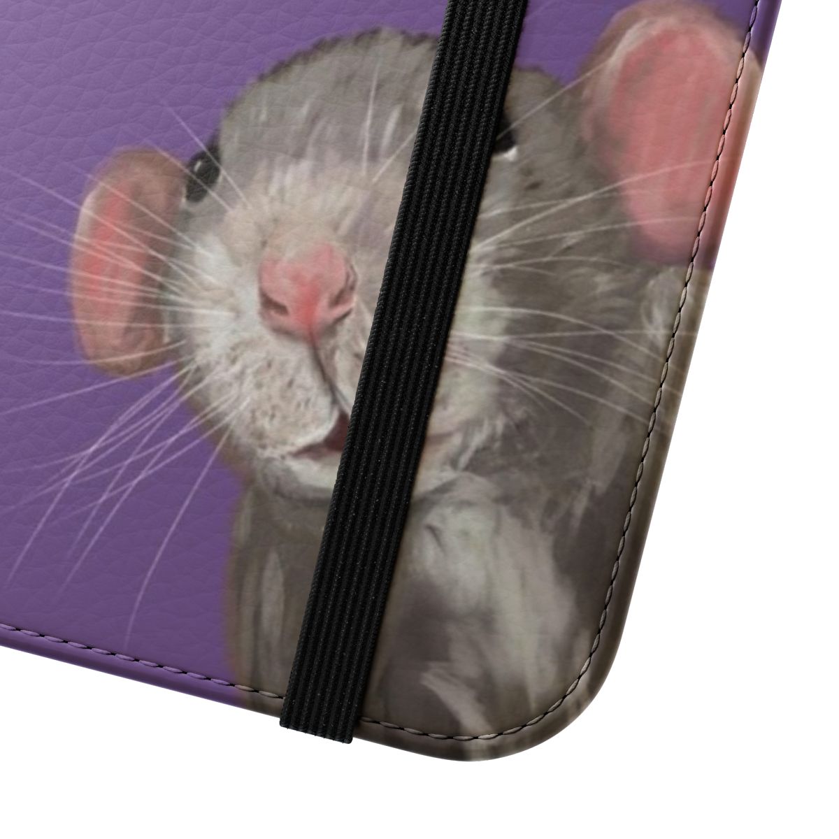 Purple flip cover phone case with a cute portrait of a pet rat or dumbo rat. - Close Up