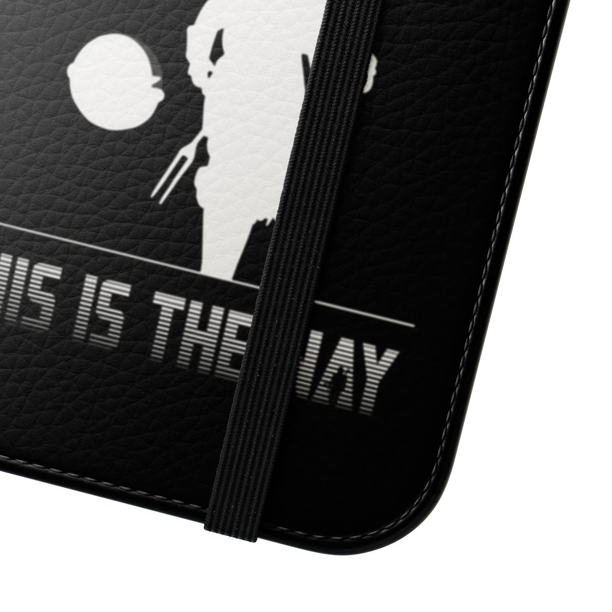 Detailed image of a mandalorian-themed flip cover phone case with the phrase "this is the way" - Close Up