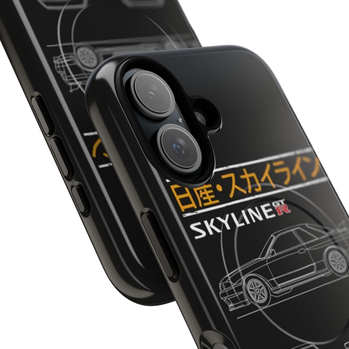 Magnetic phone case with a blueprint-style design of the Nissan Skyline R32 sports car - Detail