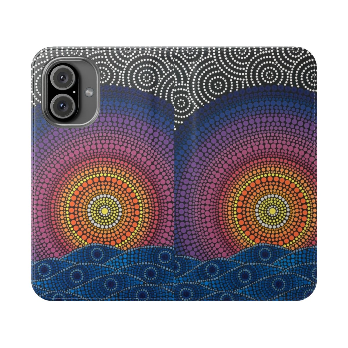 Flip phone case featuring a serene aboriginal-inspired artwork with a sunset, ocean, and beach scene.