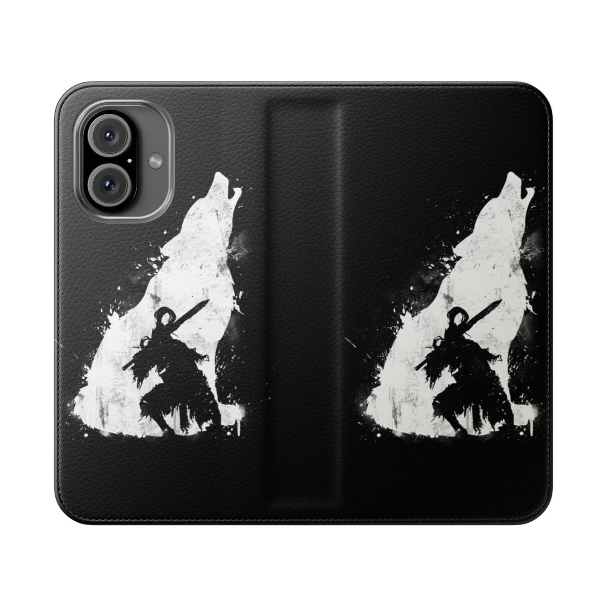 A dark and mystical flip phone case featuring the Abyss Warrior design, inspired by the popular video game Dark Souls.