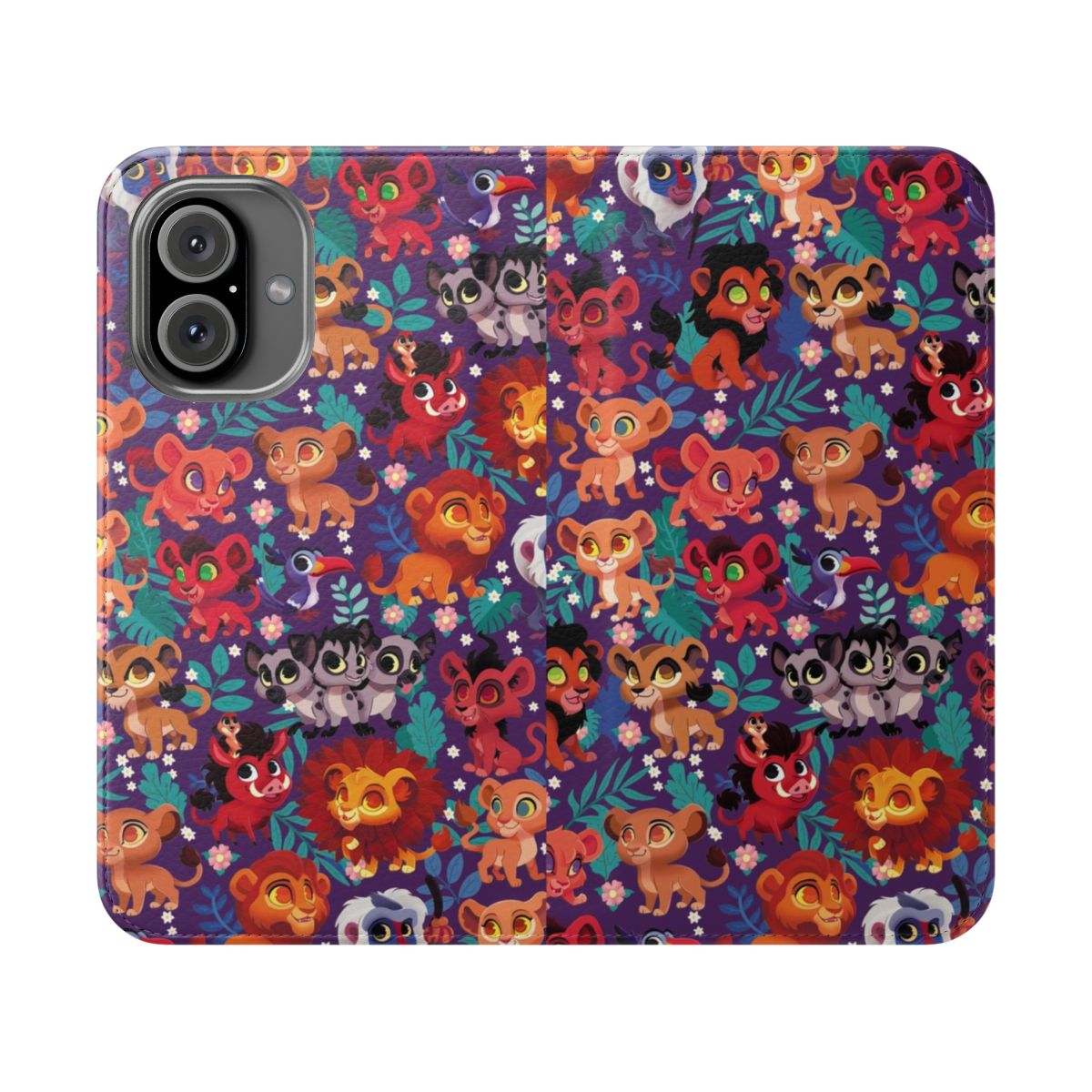 Cute and colorful flip phone case with a cartoon lion king pattern design