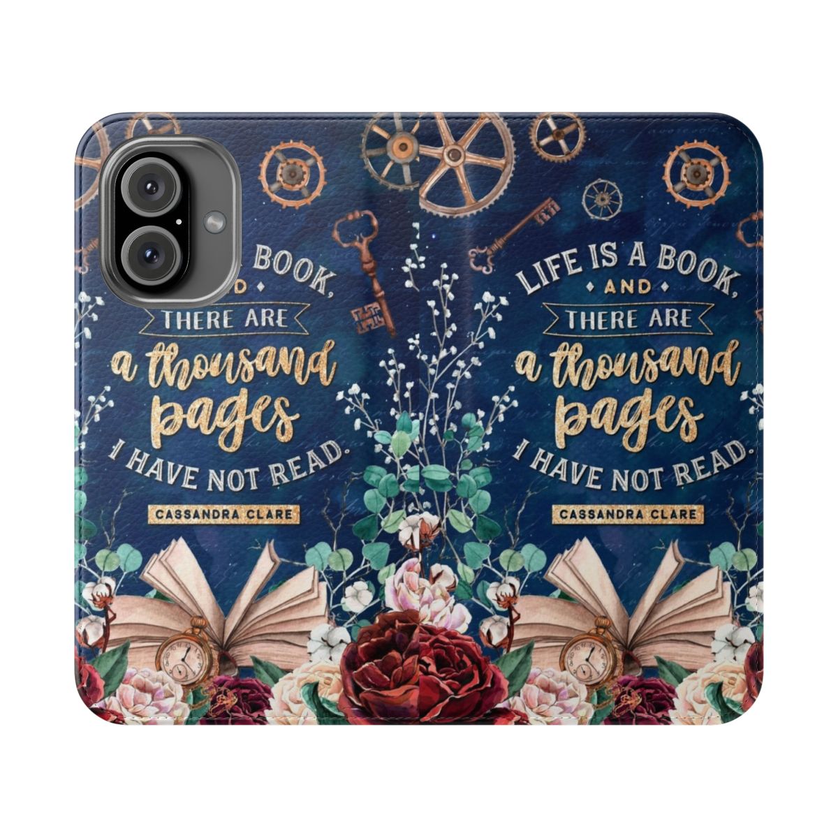 Vintage-style phone case with book, floral, and steampunk design elements.