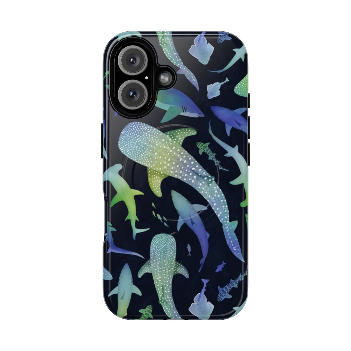 A navy blue phone case with a watercolor design featuring blue and green sharks and ocean elements.