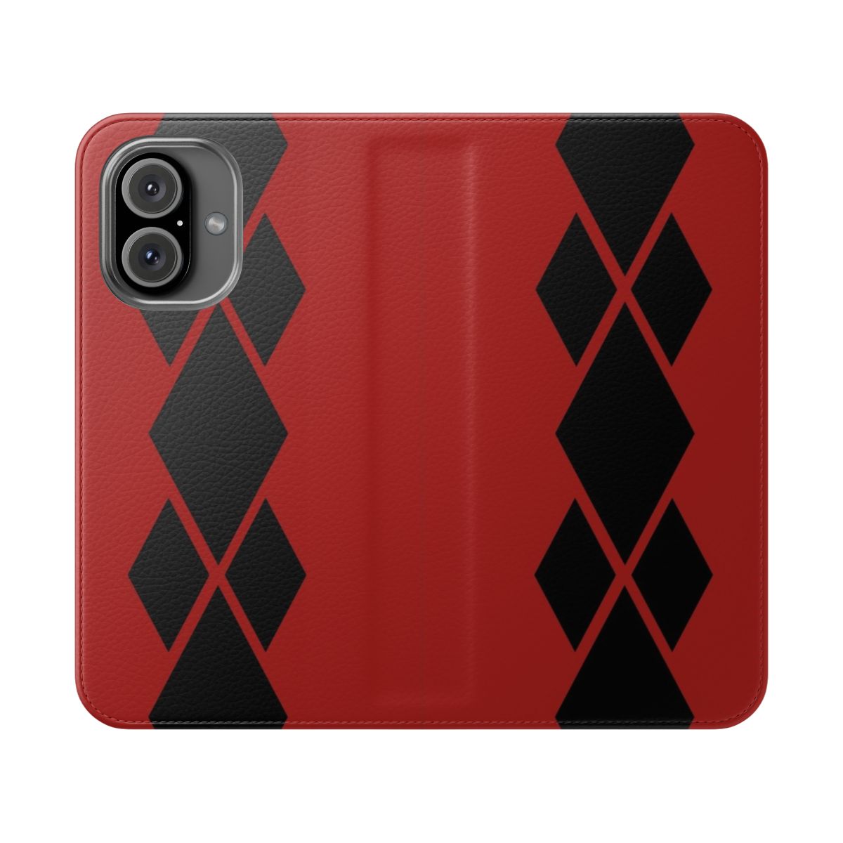 Flip cover phone case with a bold diamond pattern in black and red colors