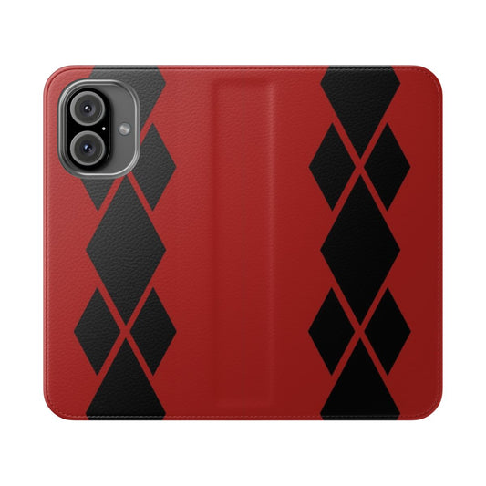 Flip cover phone case with a bold diamond pattern in black and red colors