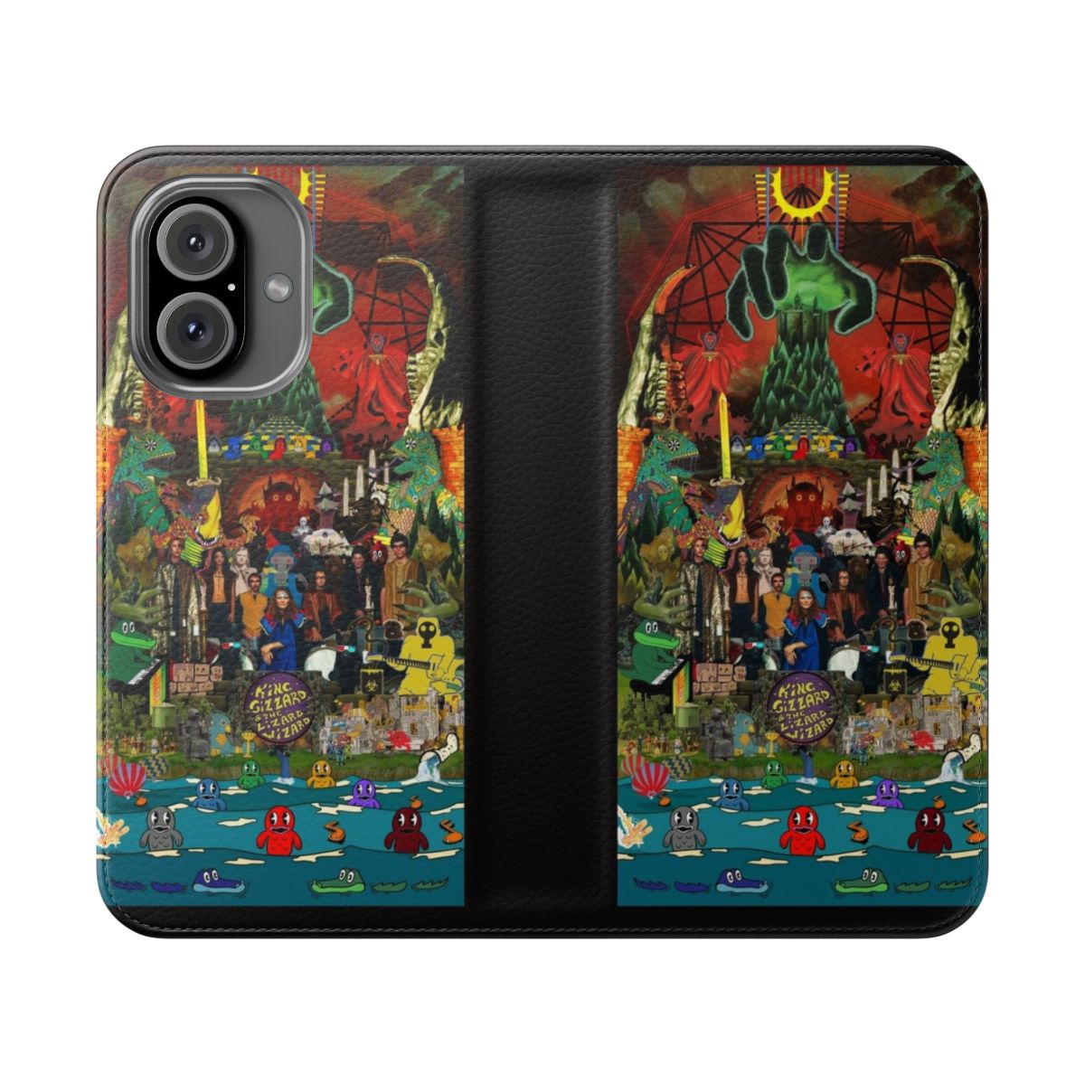 A flip cover phone case featuring a collage of artwork inspired by the music of King Gizzard and the Lizard Wizard.