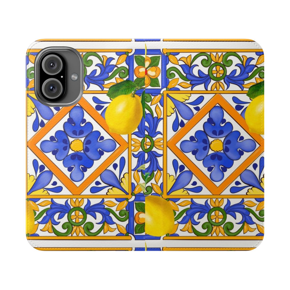 Flip phone case with a colorful pattern featuring lemons, oranges, and majolica tiles, inspired by the Mediterranean coast.