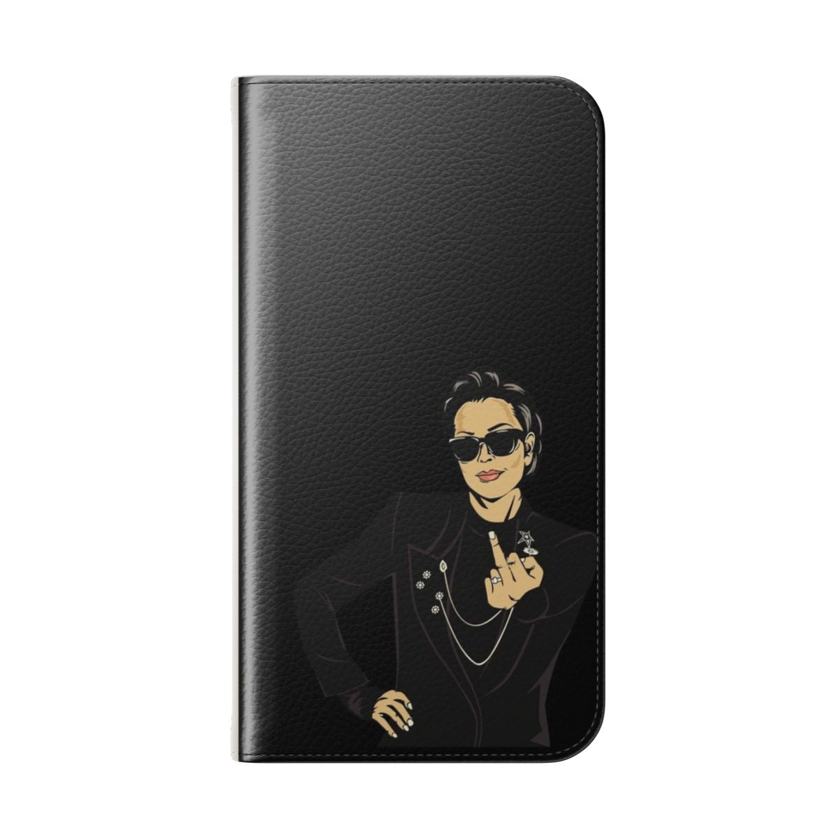 Stylish black flip cover phone case with Kris Jenner-inspired design - Folded Back