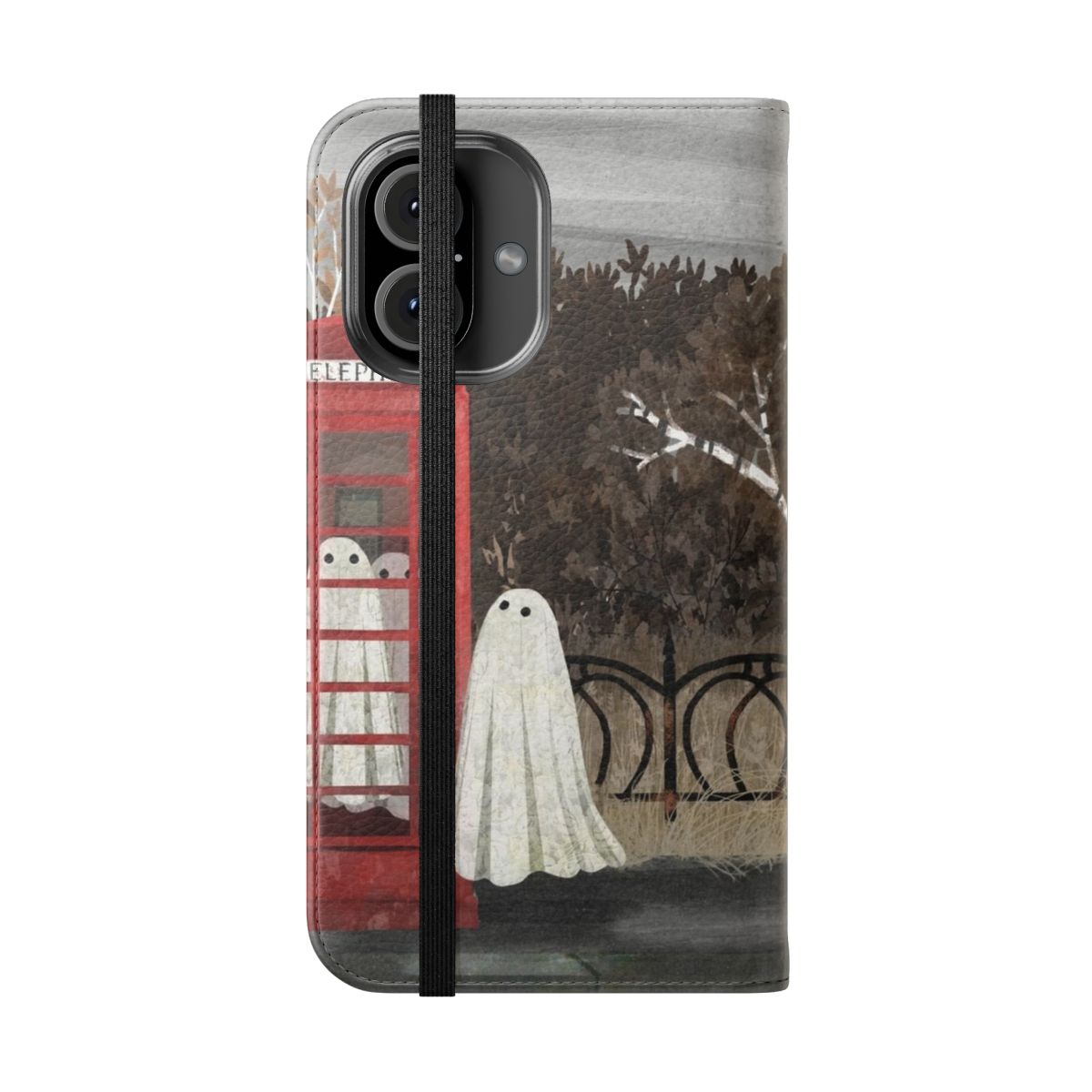 Spooky vintage-style phone box flip cover case with a haunted, creepy-cute design. - Folded Front