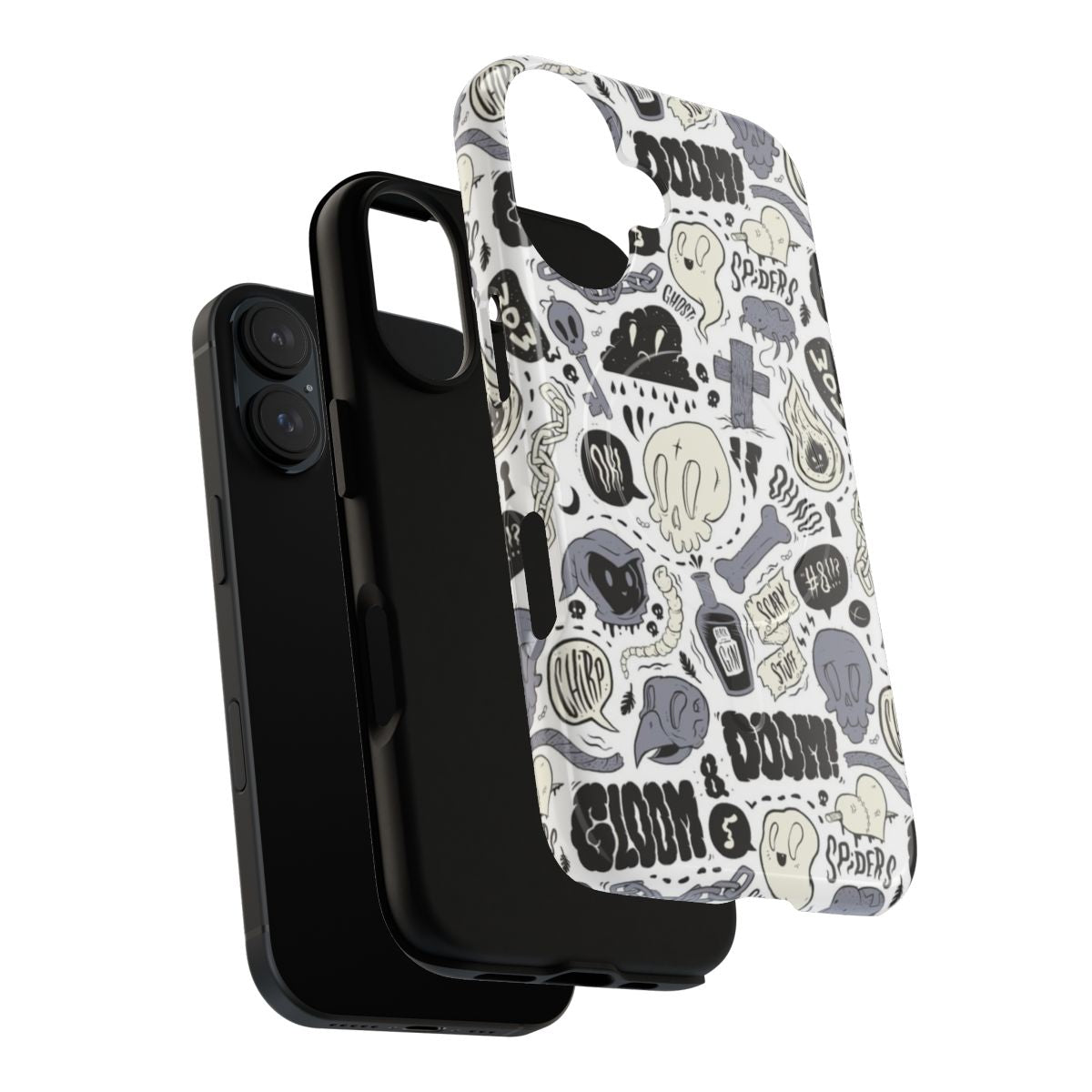 Alternative phone cases with a Doom & Gloom inspired design featuring a scary, yet cute pattern and typography - Layers