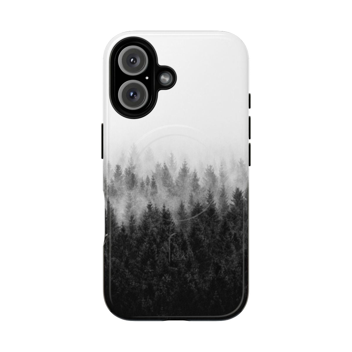 A magnetic phone case featuring a moody, romantic forest landscape with trees covered in misty fog.