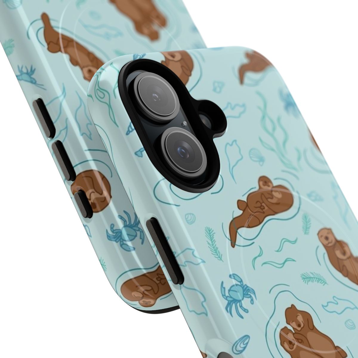 Vibrant turquoise and white silhouette design of a playful sea otter on a phone case - Detail