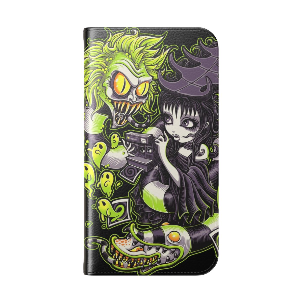 Spooktacular gothic flip cover phone case with Beetlejuice, Lydia, and horror-inspired designs - Folded Back