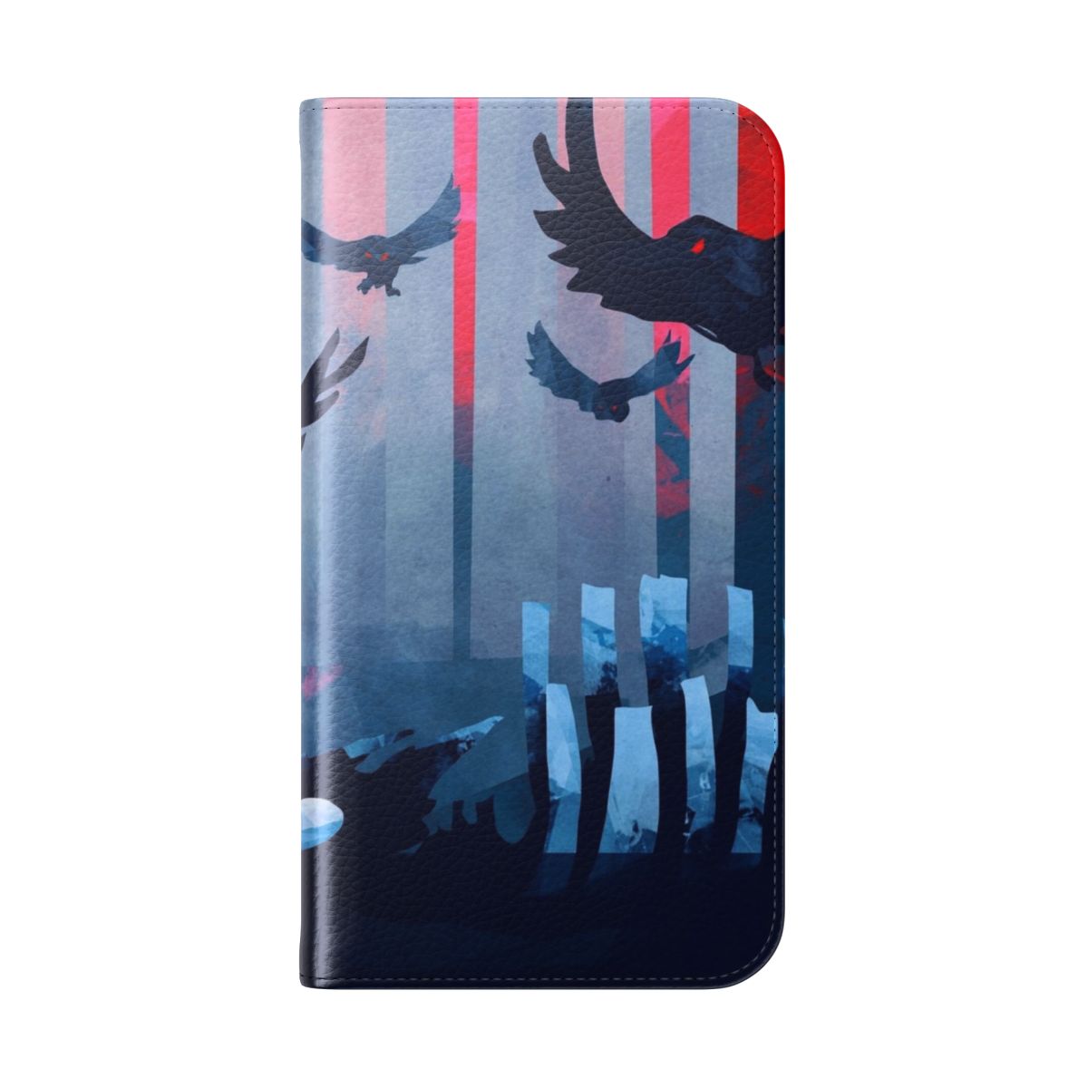 A blue and black phone case featuring a dramatic landscape with birds, stones, and nature elements. - Folded Back