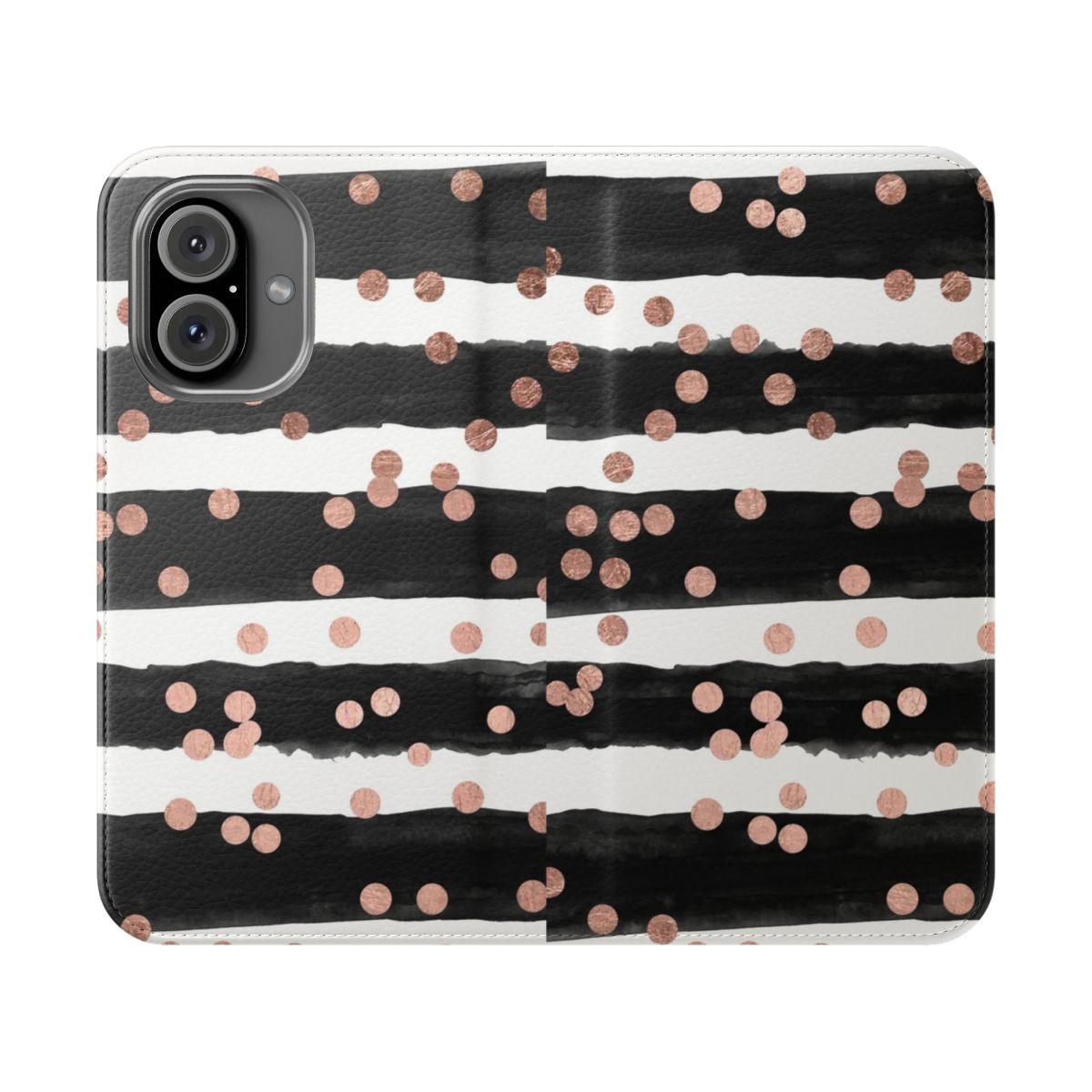 Rose gold confetti and black watercolor stripes pattern on a protective phone case