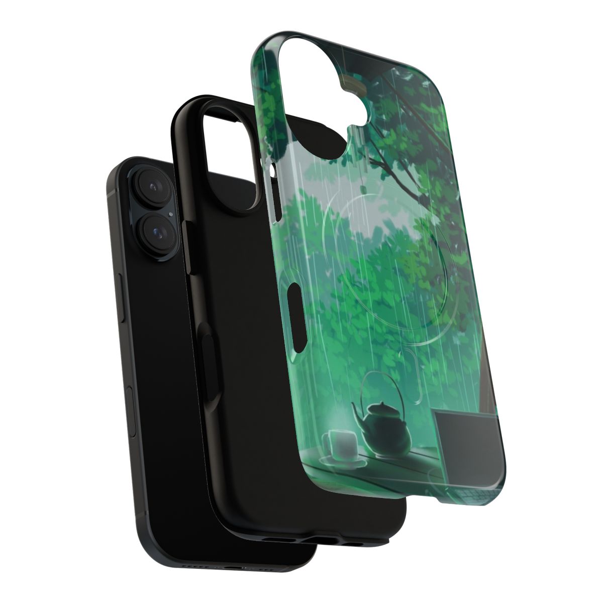 A scenic image of a peaceful forest landscape with a rainy storm in the background, featuring a magnetic tough phone case. - Layers