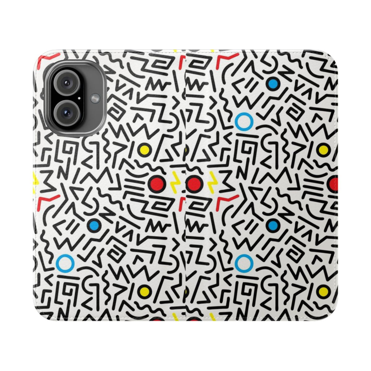 Retro 1980s inspired fun phone case with colorful patterns and nature-inspired graphics