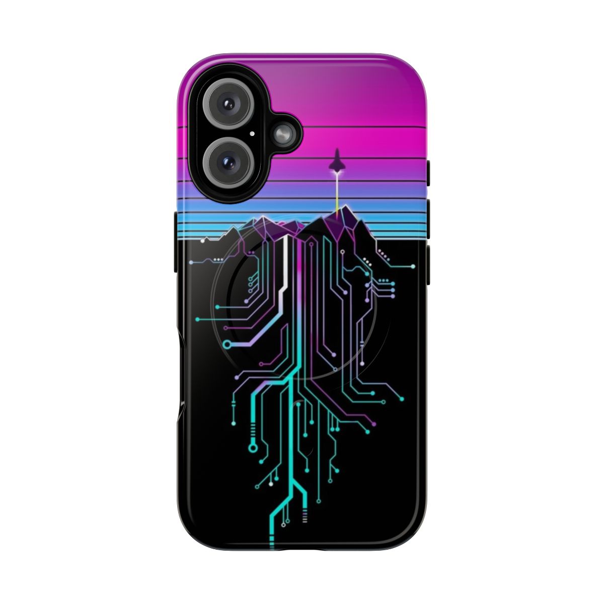 Cyberpunk-inspired phone case with a mountain and sunset landscape in a vaporwave aesthetic