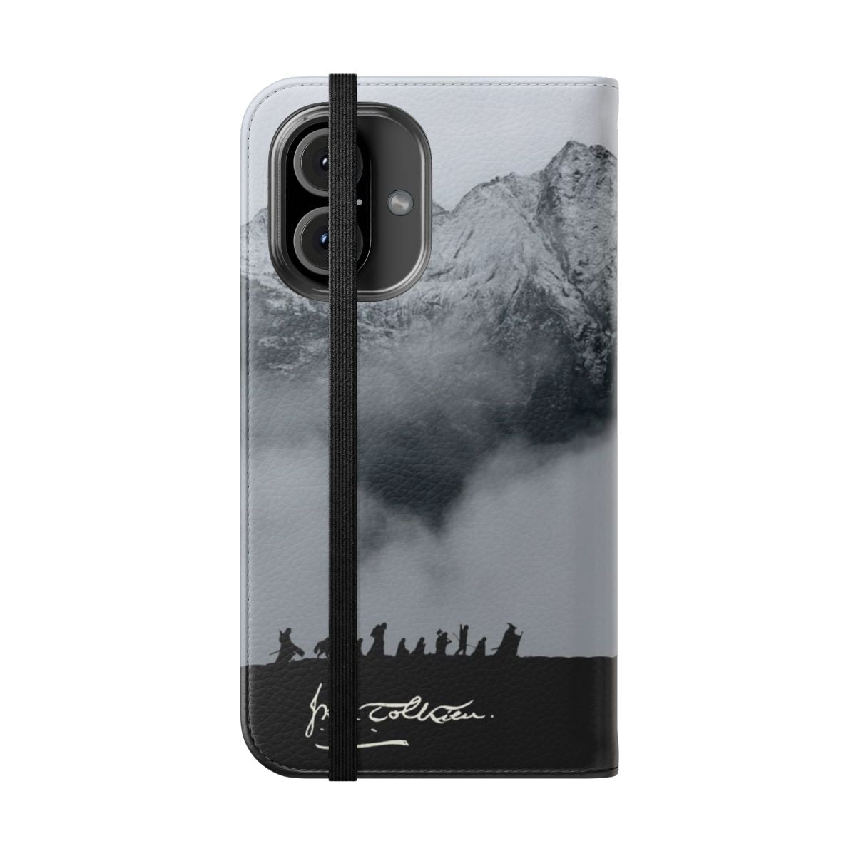 Middle-earth inspired fantasy flip cover phone case with mountain landscape design - Folded Front