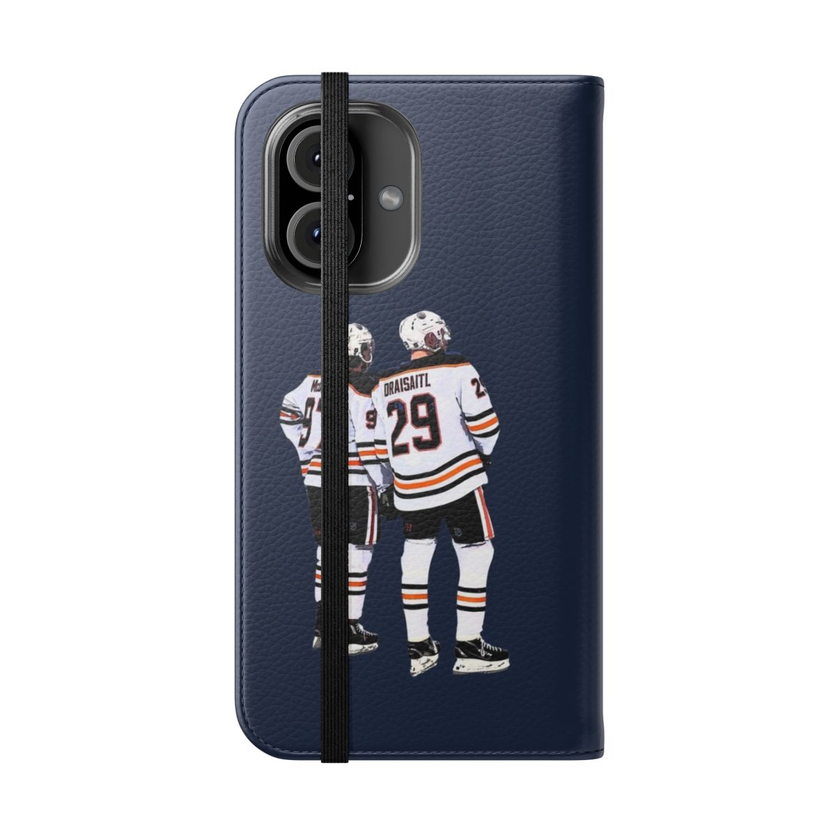 Hockey-themed flip cover phone case in the colors and design of the Edmonton Oilers - Folded Front