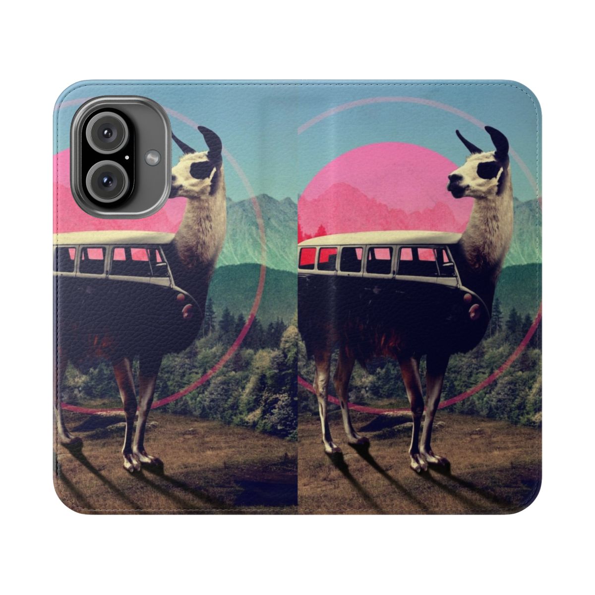 Vibrant llama-themed phone case with a collage design featuring a llama, van, and other graphic elements