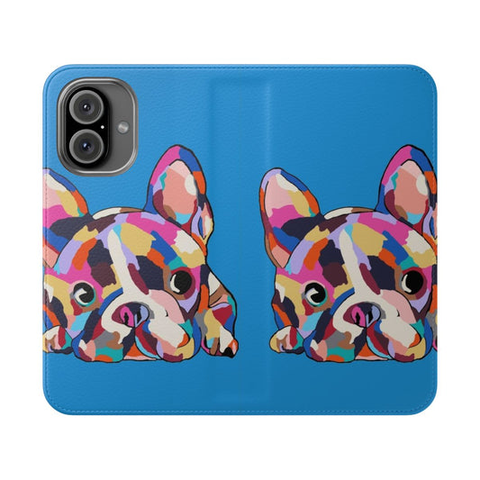 Flip cover phone case featuring a cute French bulldog or Boston terrier design