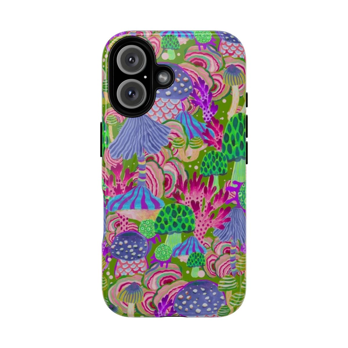 Colorful watercolor illustration of poison mushrooms and foliage on a magnetic phone case.