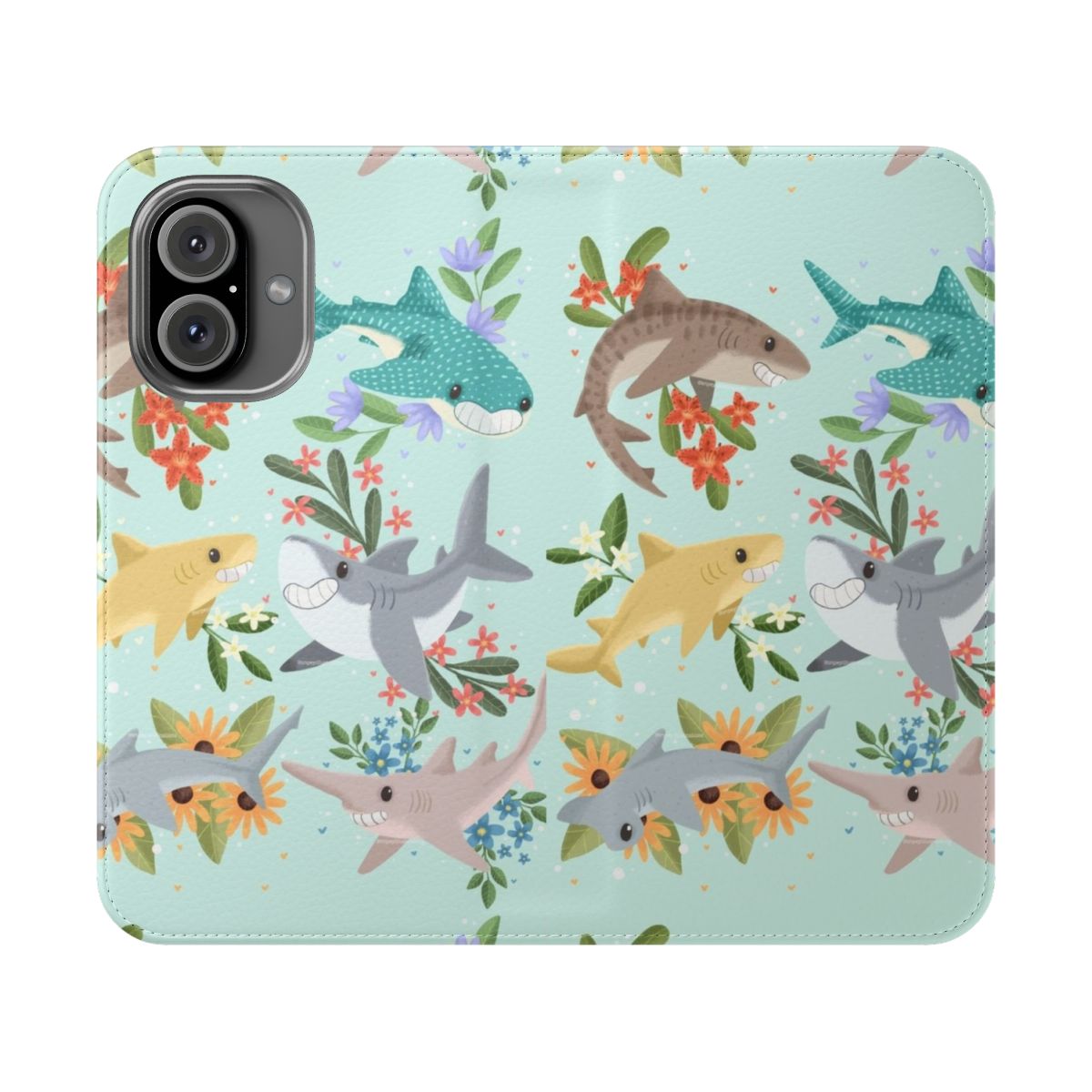 Vibrant blue and white floral pattern with adorable chibi-style shark design on a phone case cover.