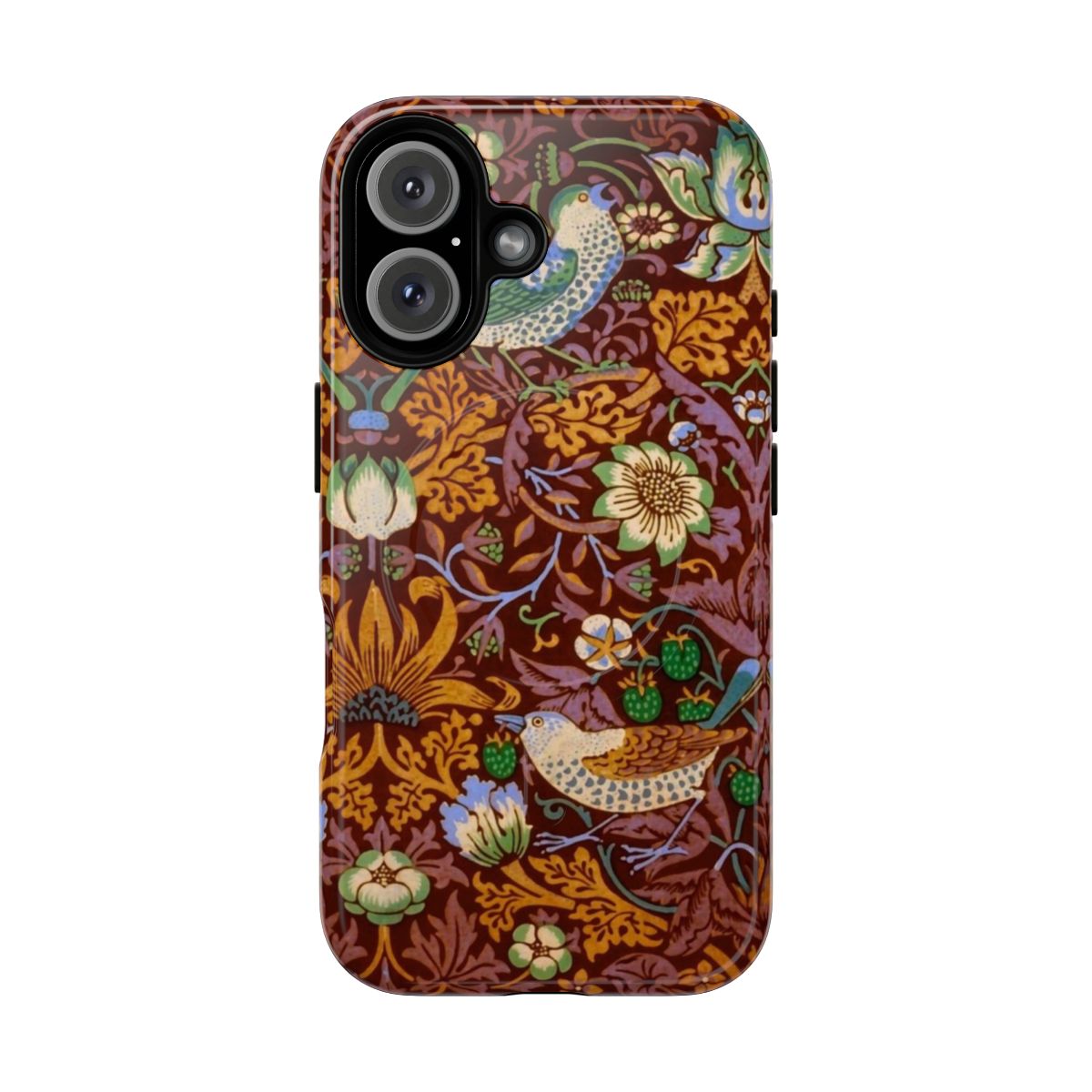 A red and white floral phone case design inspired by the "Strawberry Thief" artwork of Victorian artist William Morris.