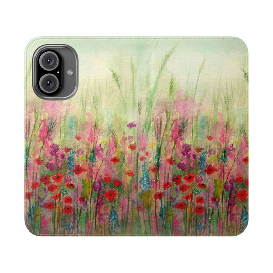 Handmade 'Spring Meadow' watercolor art phone case featuring a colorful meadow landscape with poppies.