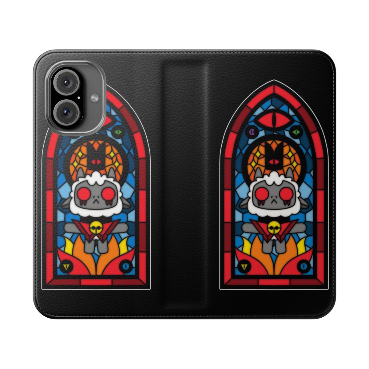 A flip phone case featuring a stained glass-style design with a cute lamb illustration.