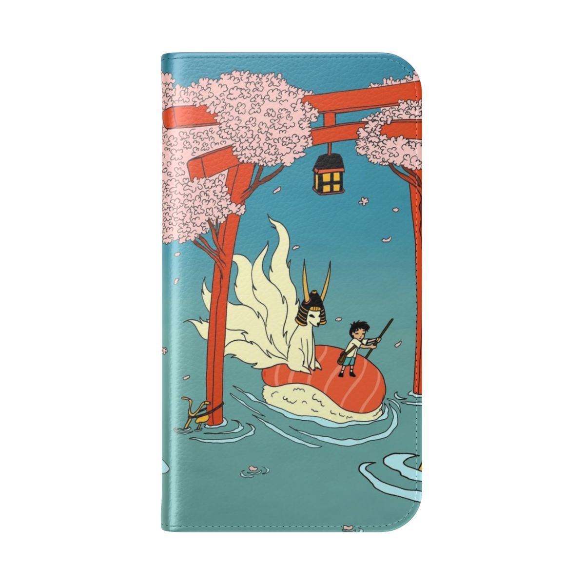 Flip cover phone case featuring anime-inspired design with Japanese scenery elements like Tokyo Tower, cherry blossoms, and kitsune fox. - Folded Back