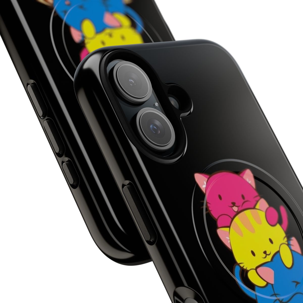 Pansexual pride flag phone case with cute kawaii cats eating pancakes - Detail