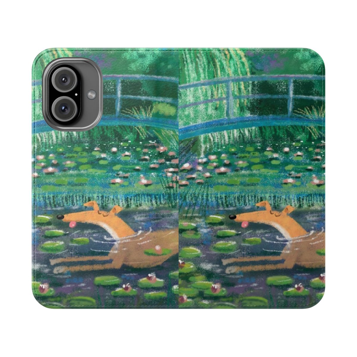 Colorful impressionist-style phone case featuring greyhound, whippet, and lurcher dog breeds