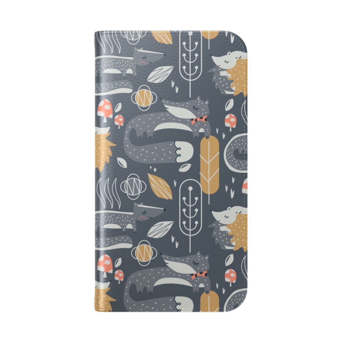 A forest-themed flip cover phone case featuring a repeating pattern of leaves, mushrooms, woodland animals, and bow ties. - Folded Back