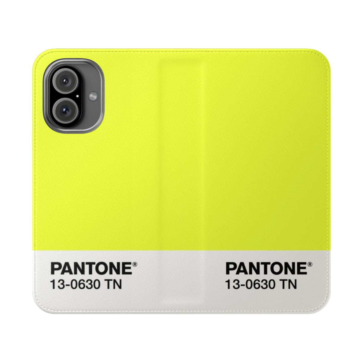 Bright yellow phone case with Pantone-style typography