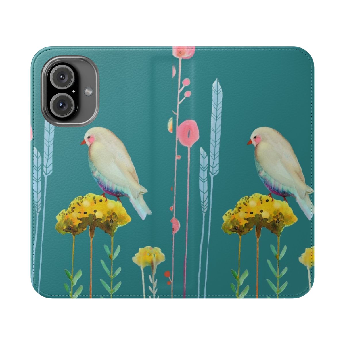 Colorful nature-themed flip cover phone case with bird, flower, and leaf designs